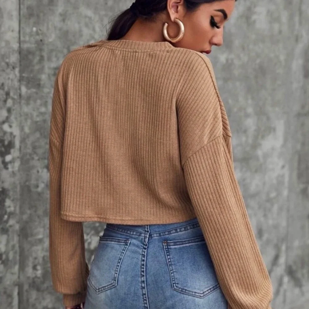 Cropped Tan Ribbed Knit Sweater - Picture 4 of 7